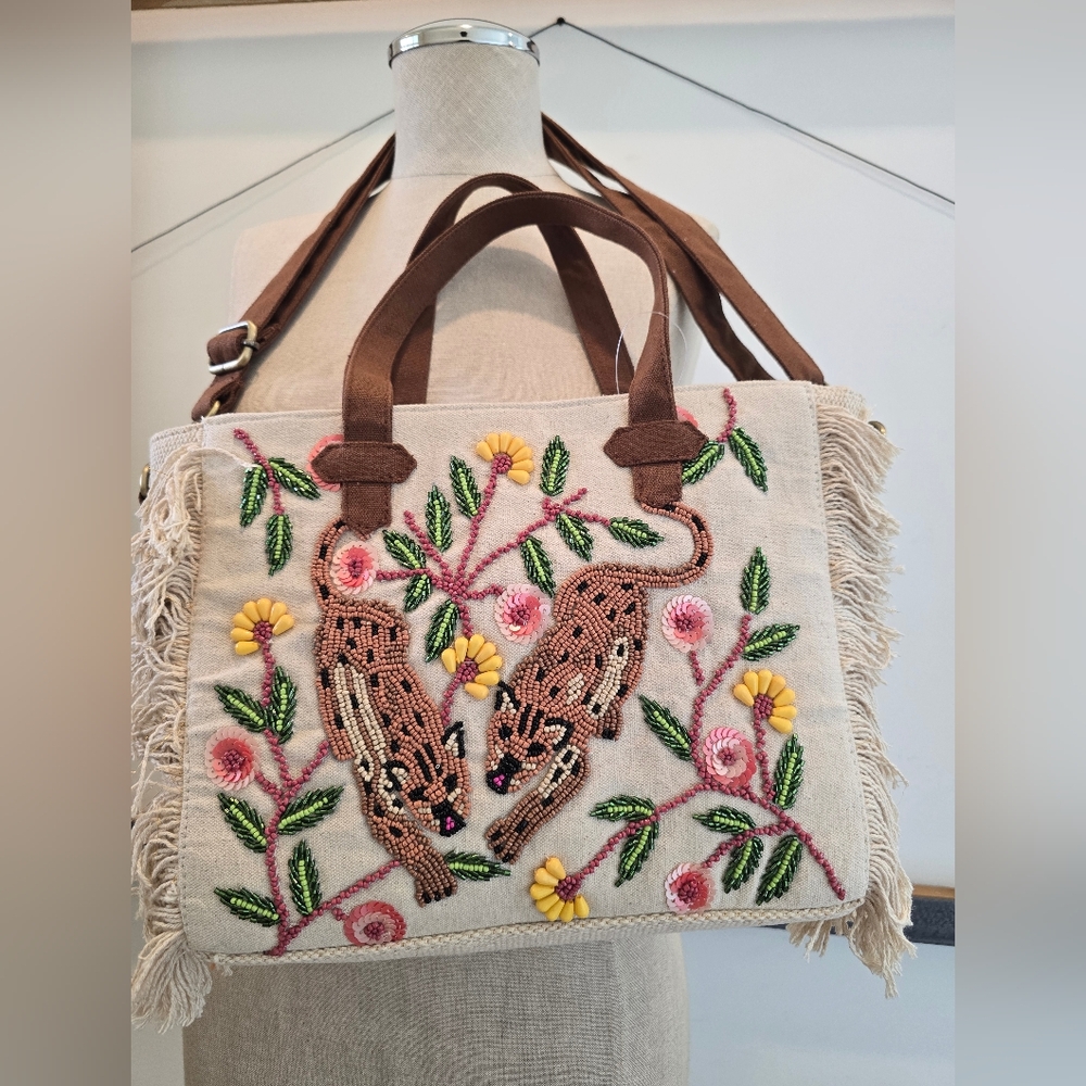 Embroidered Floral Beige Tote Bag